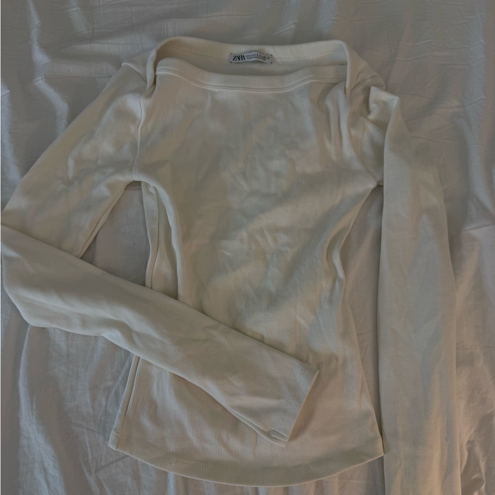 Zara Off-White Ribbed Long Sleeve Top